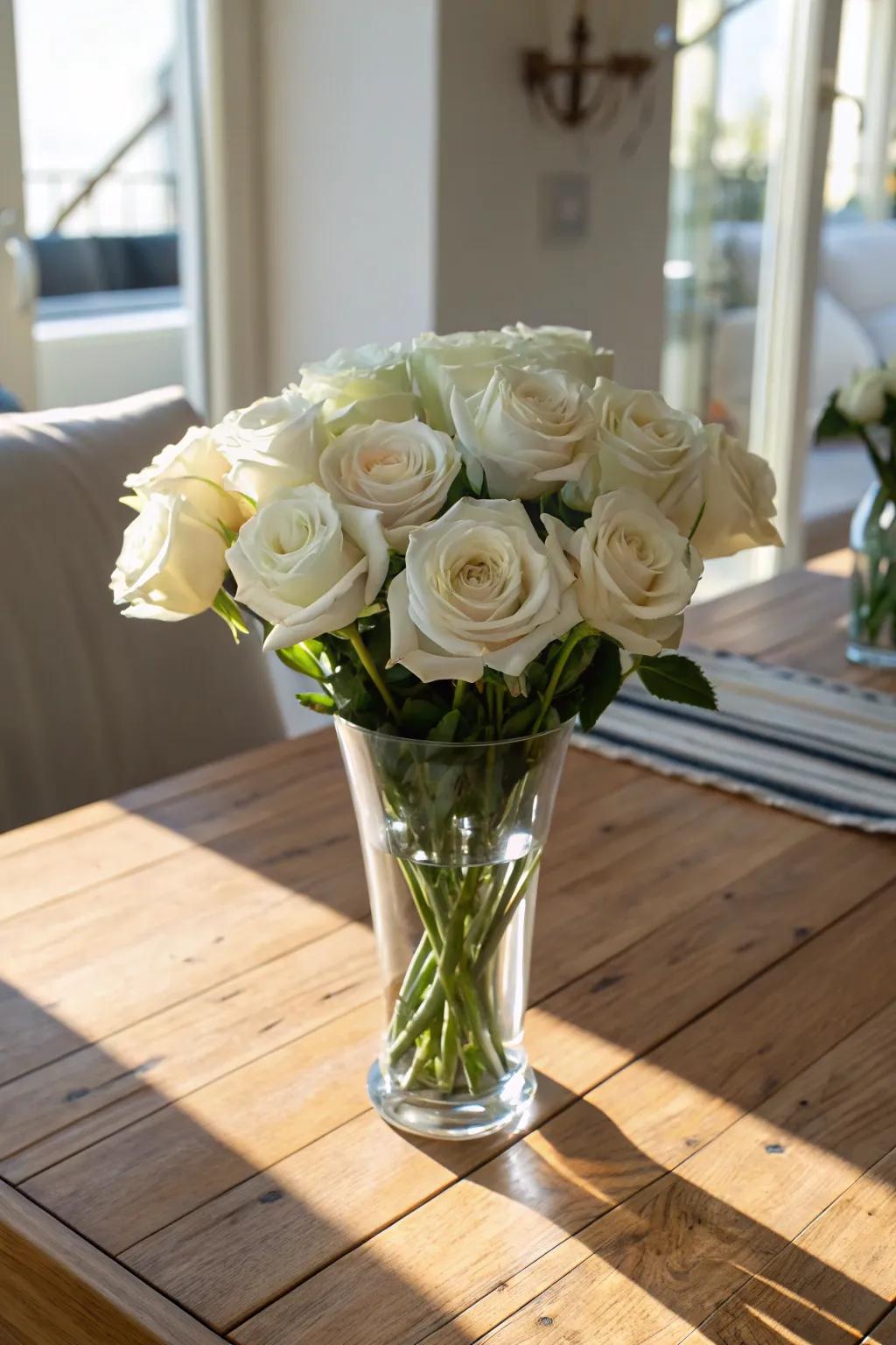 Refined ivory blooms showcased in a see-through glass on a dining surface.