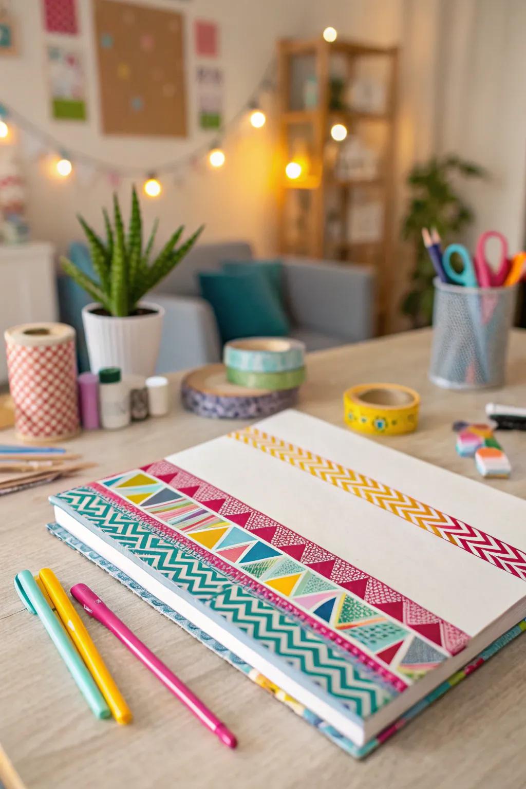 Revamp basic folders with the cheerful flair of colorful decorative strips.