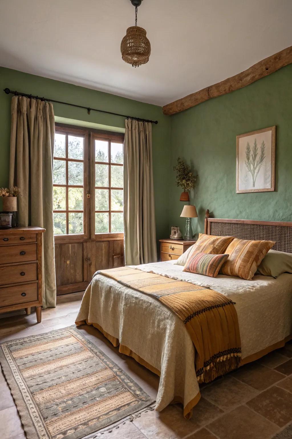 Woodland colors create a relaxing setting for a forest-inspired bedroom.