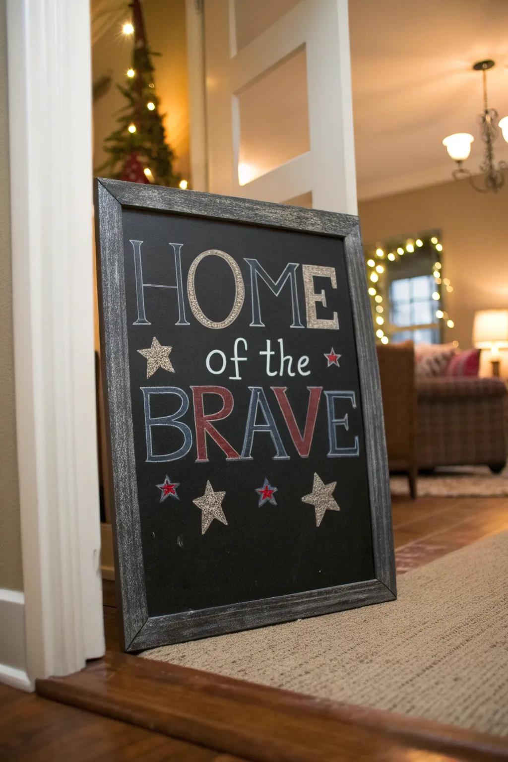 'Land of the Valiant' chalkboard artistry to greet all who enter.
