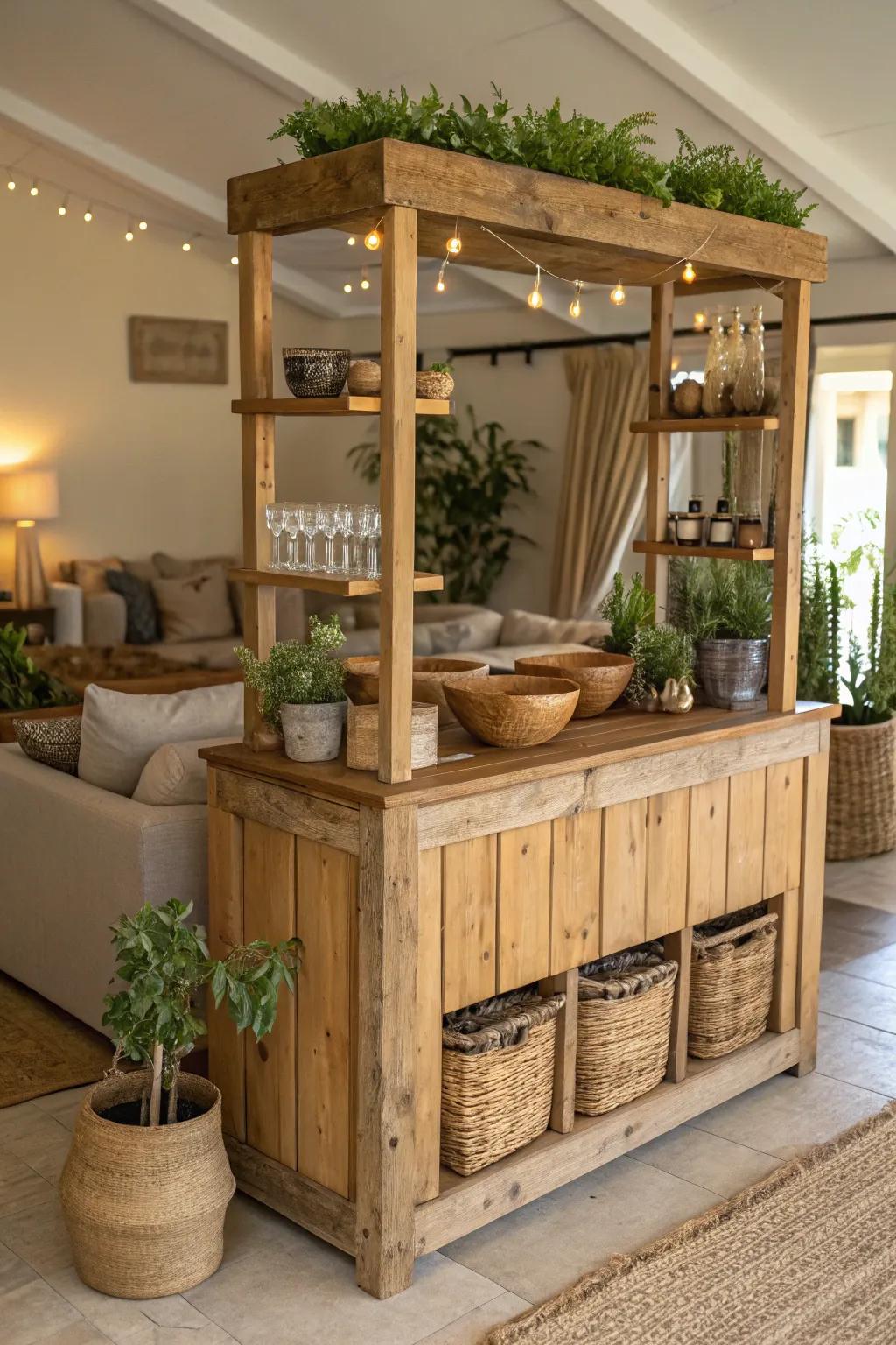 A homespun wooden bar lending warmth and attraction to any setting.