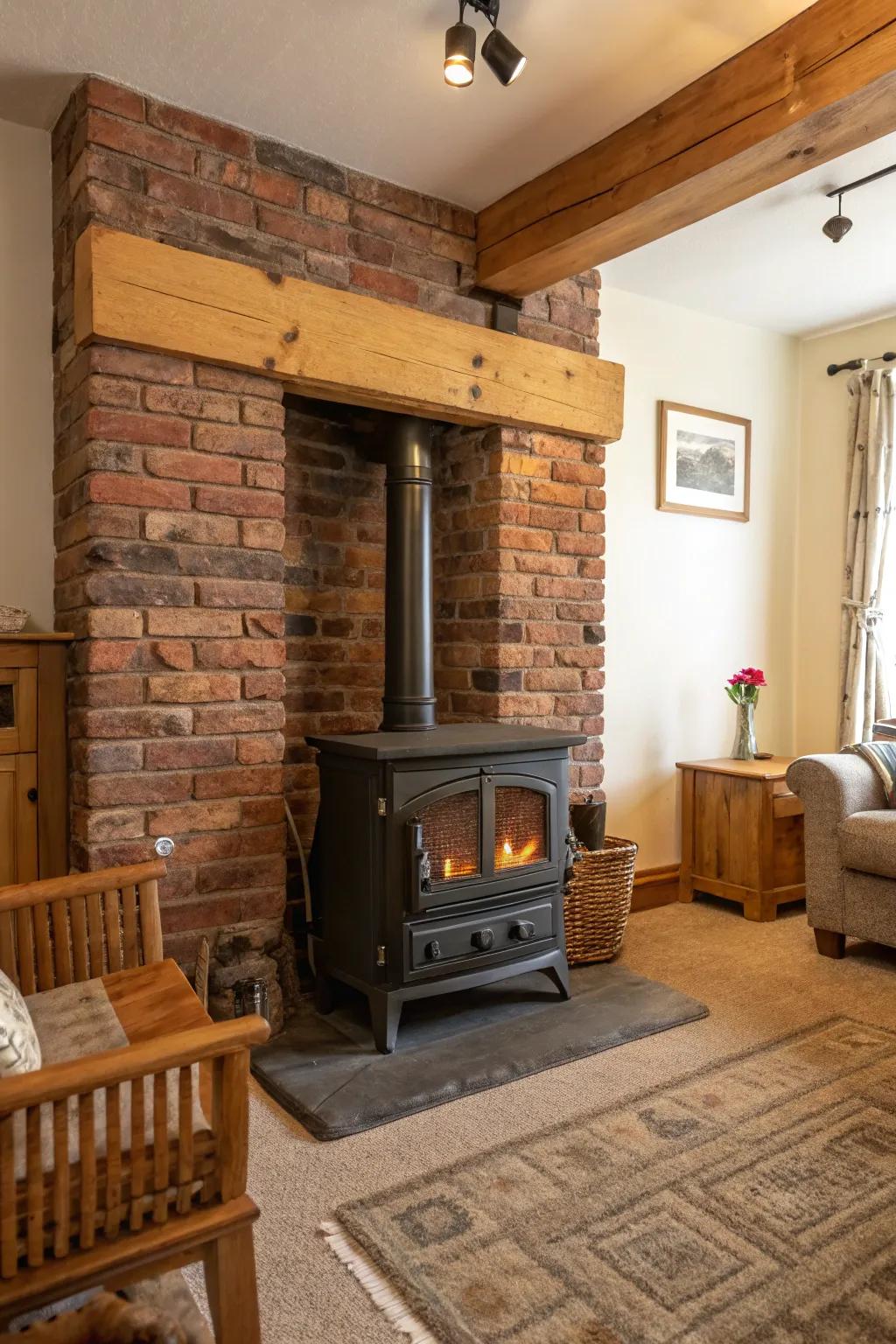 The charm of this heater is enhanced by a brick backdrop.