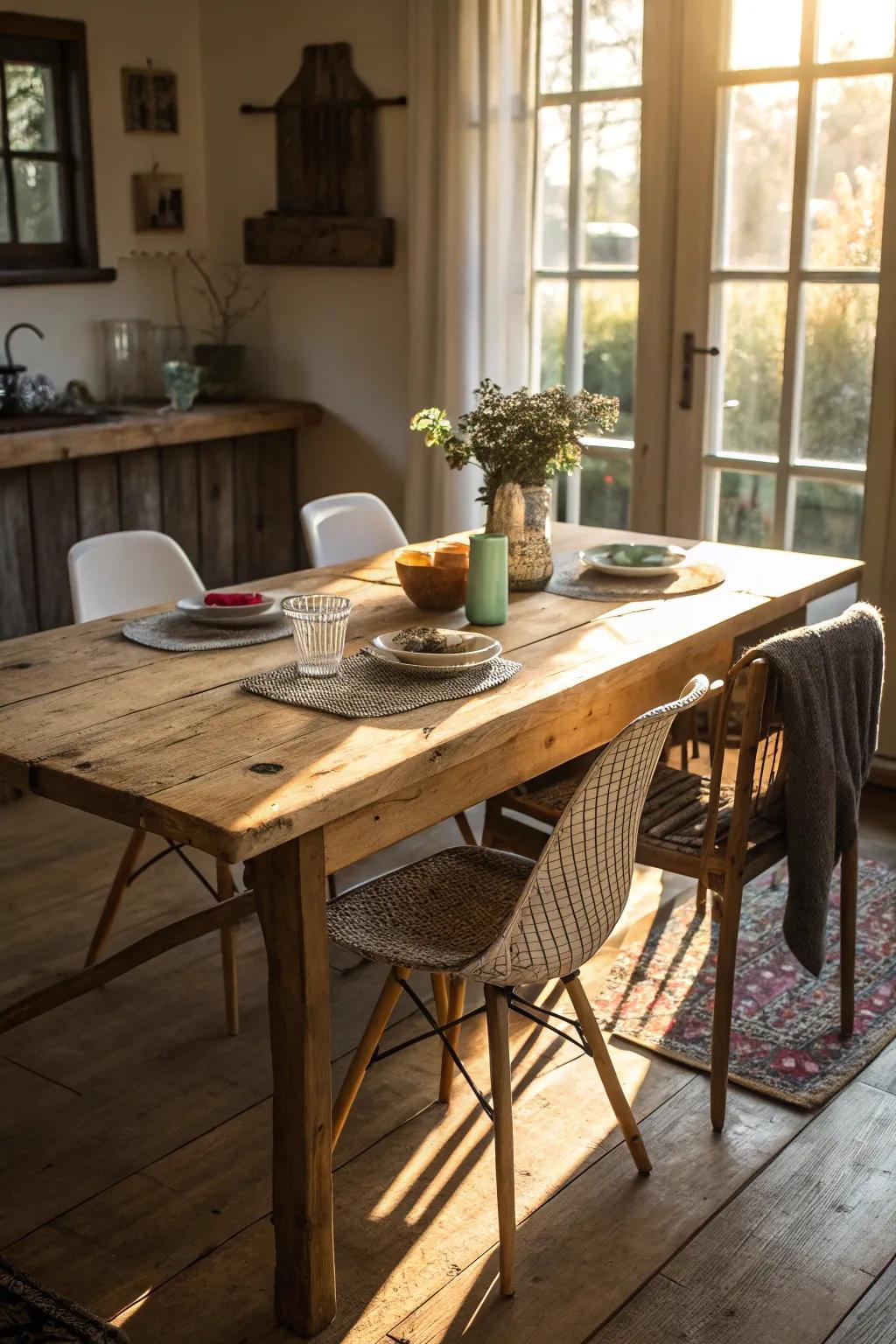 A weathered wood dining table complemented by a delightful mix of chairs.