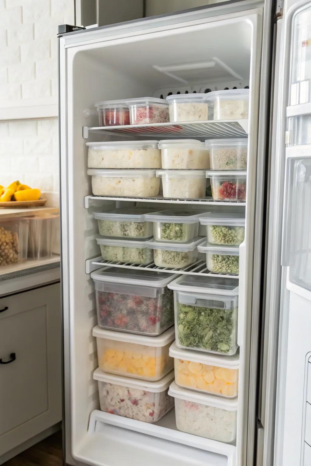 Transparent containers enhance both visibility and structure inside a French door freezer.