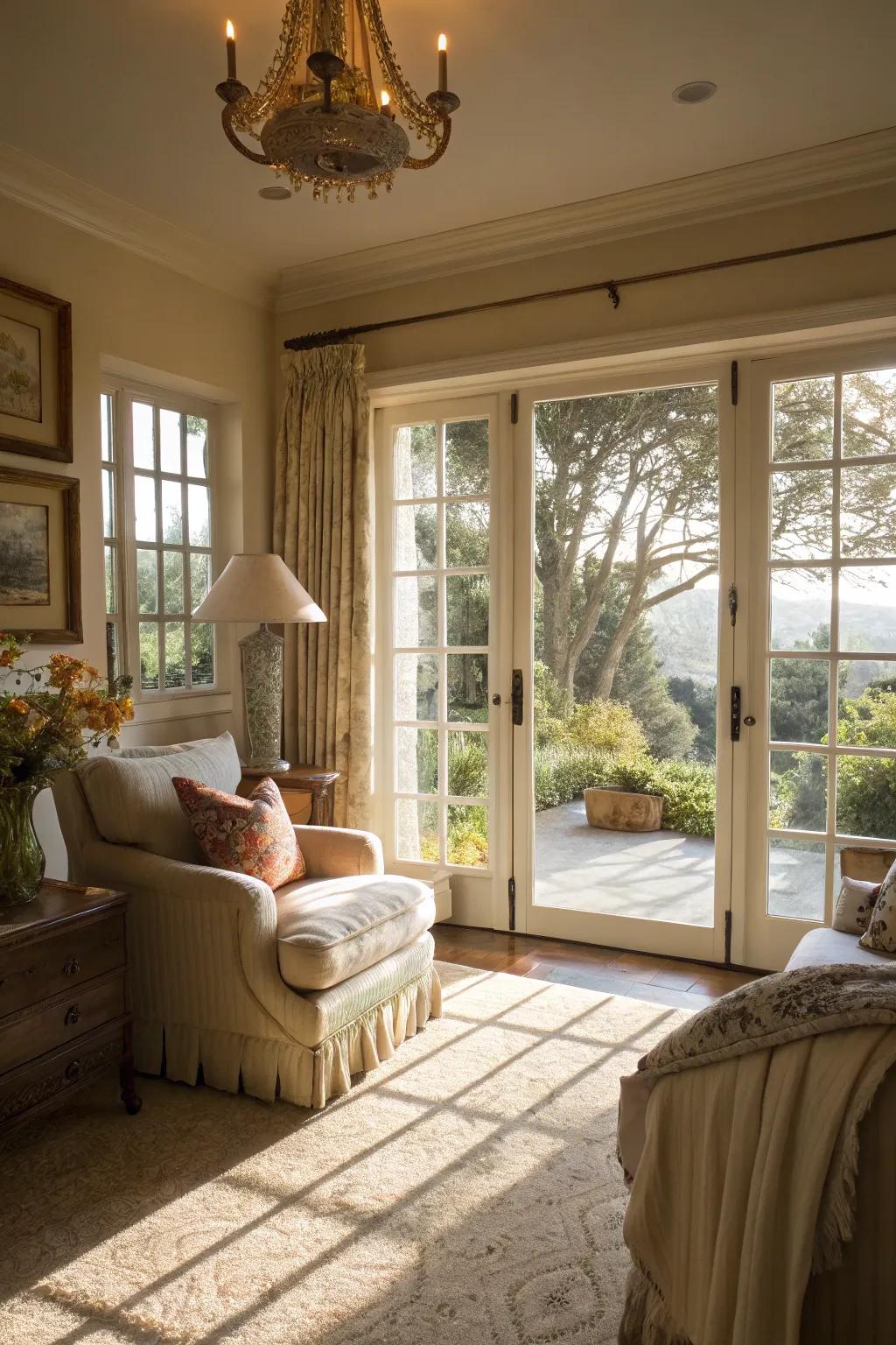 Natural light flowing through French doors brightens any area.