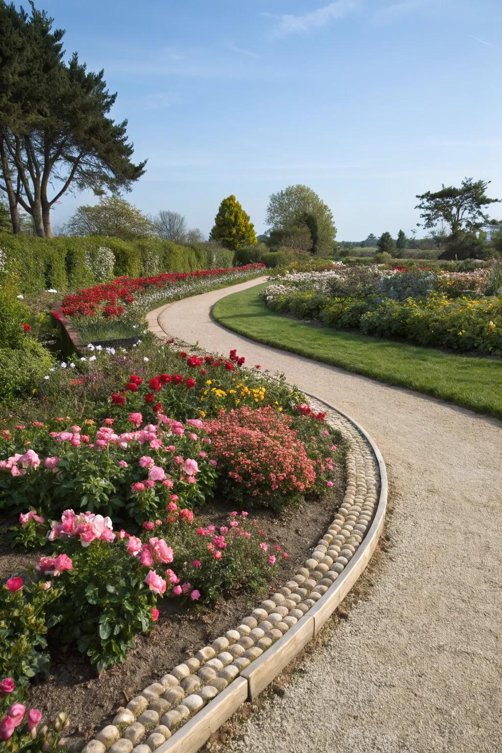 An elegant winding walkway featuring integrated French drains, complemented by colorful flowerbeds.