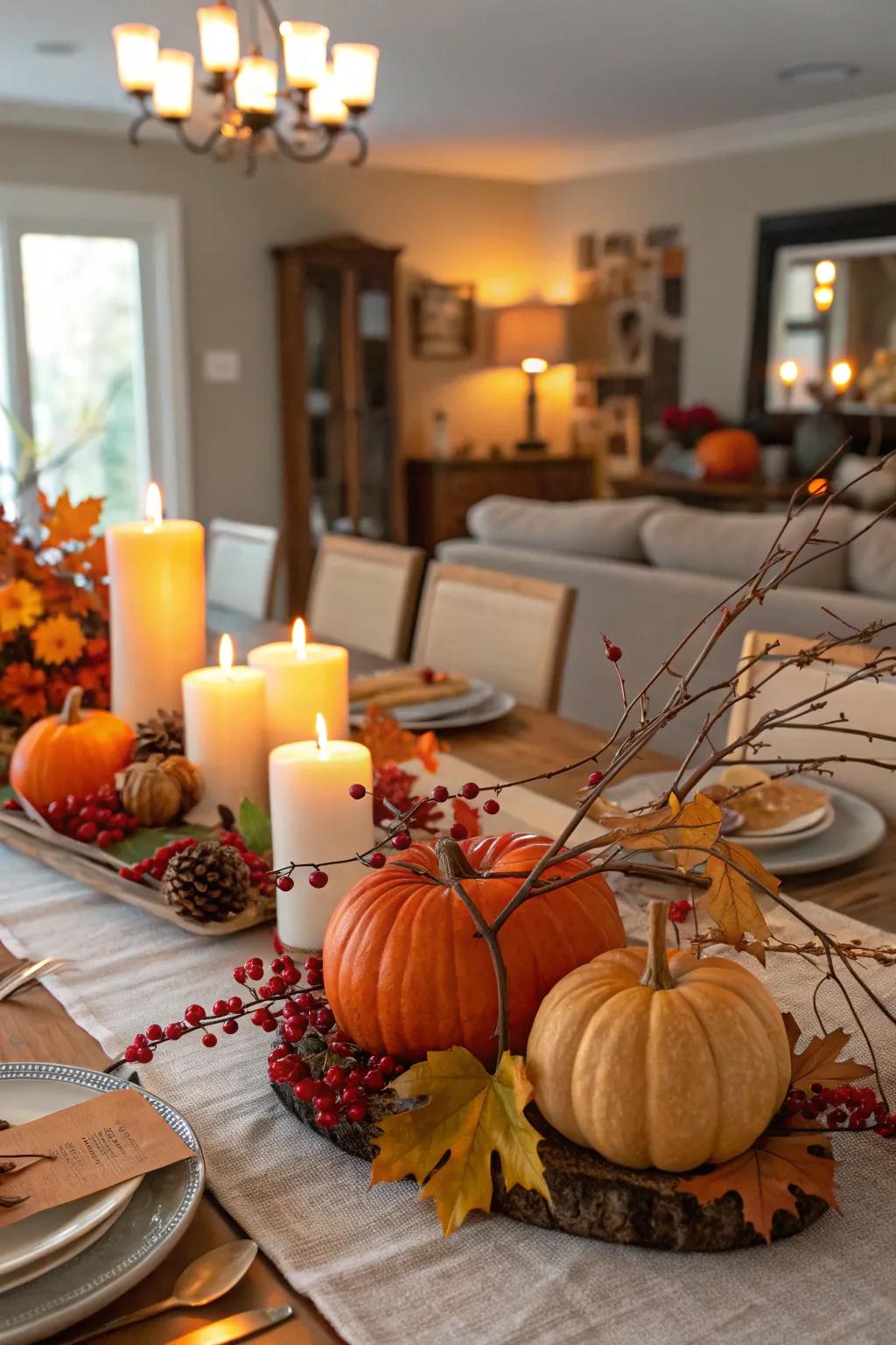 An inviting Friendsgiving tablescape showcasing gourds and lights.