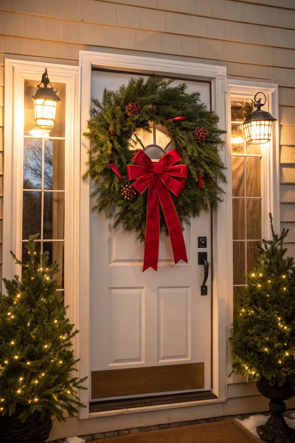 A timeless evergreen circle with a festive crimson bow.