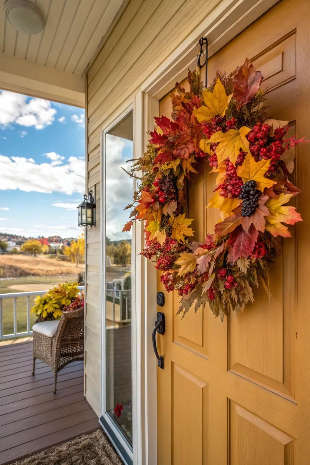 A seasonal wreath beautifully adorned with autumnal leaves and berries.