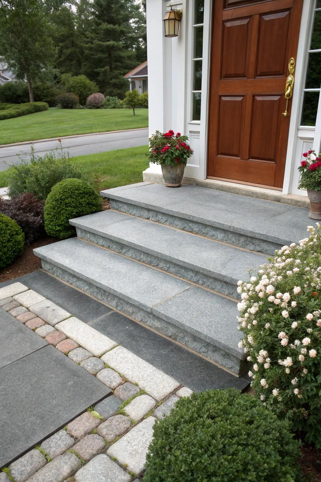 Ageless gray granite steps introduce a hint of sophistication.