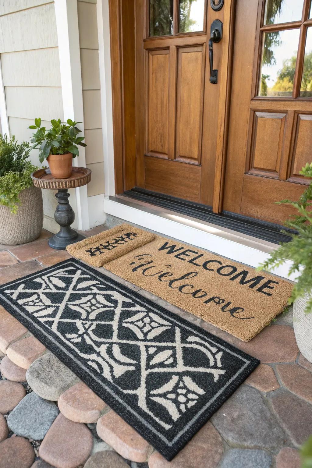 Layered doormats craft a welcoming entrance.