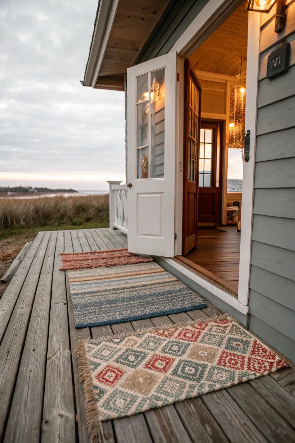 Layered rugs introduce depth and visual intrigue right at your doorstep.