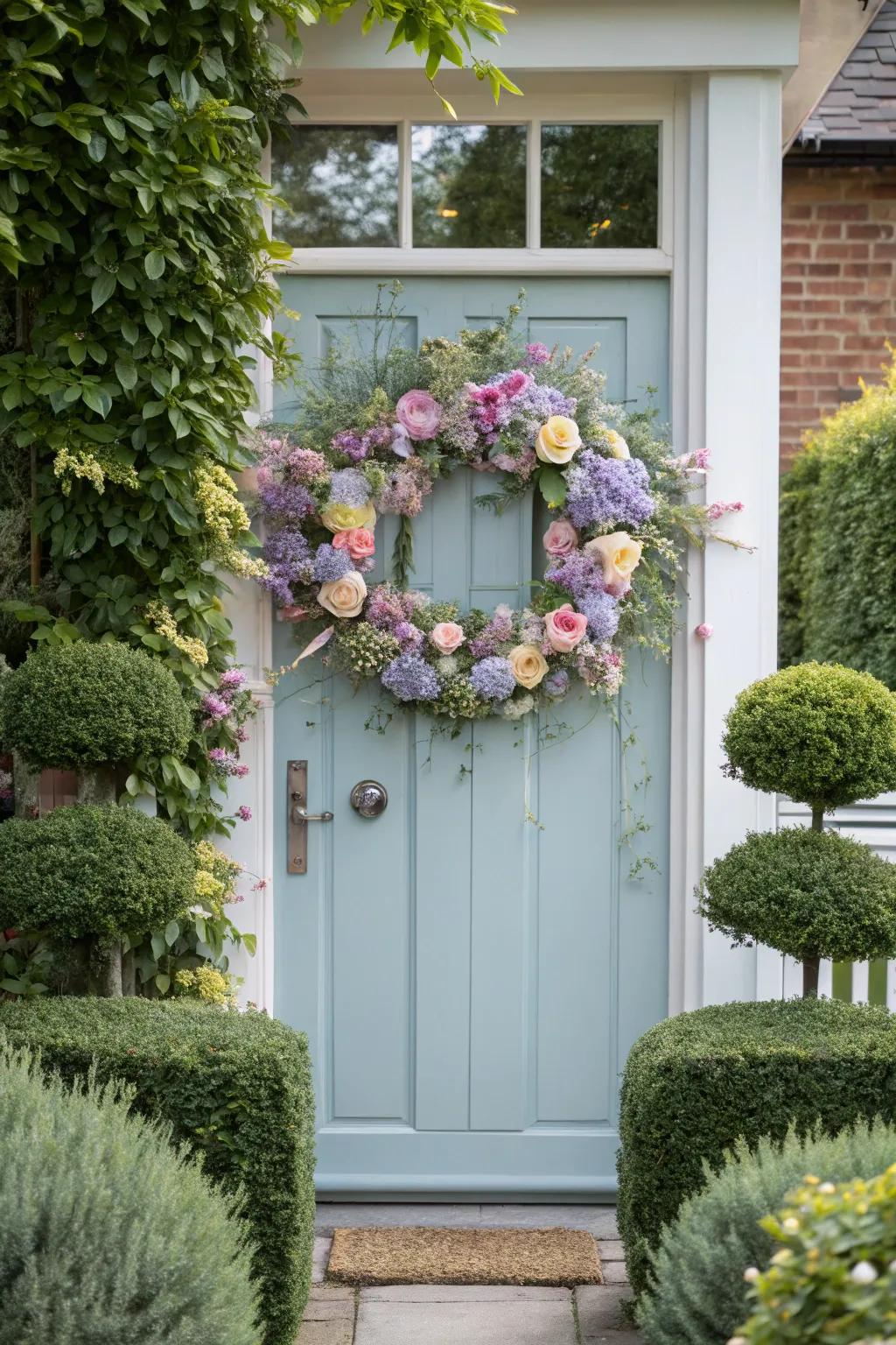 A blossom circle on the entryway provides a classic and amorous welcome.