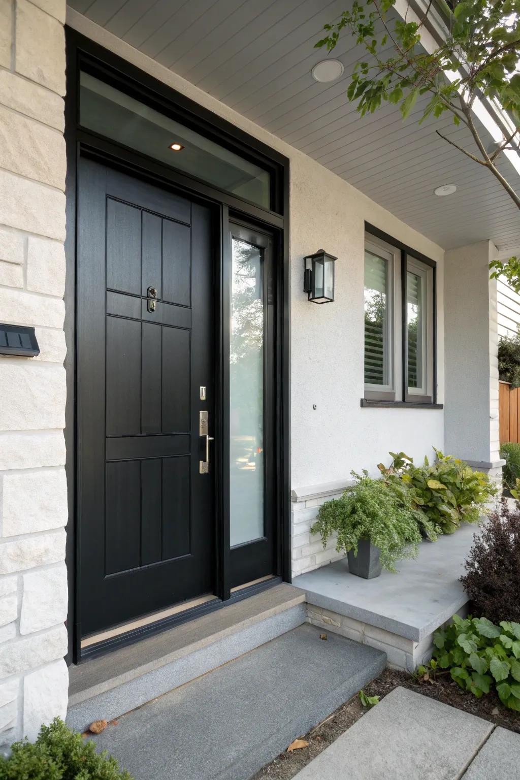 An elegant dark door with frosted glass sidelight ensures both privacy and brightness.