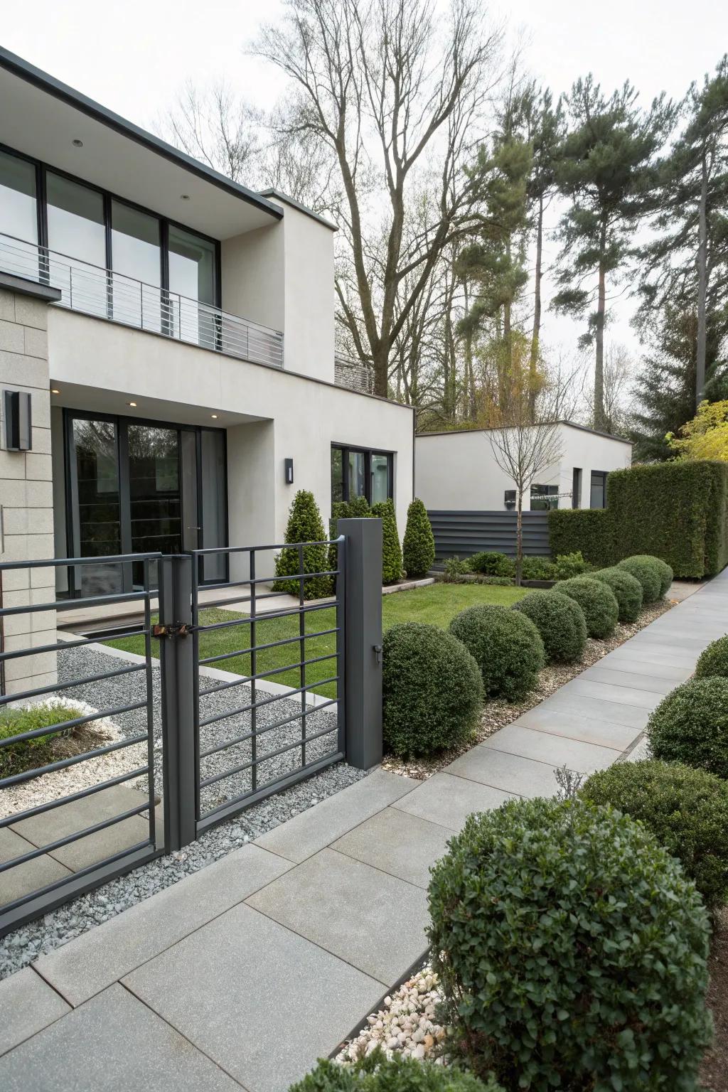 A minimalist gate seamlessly integrates with a contemporary residence.
