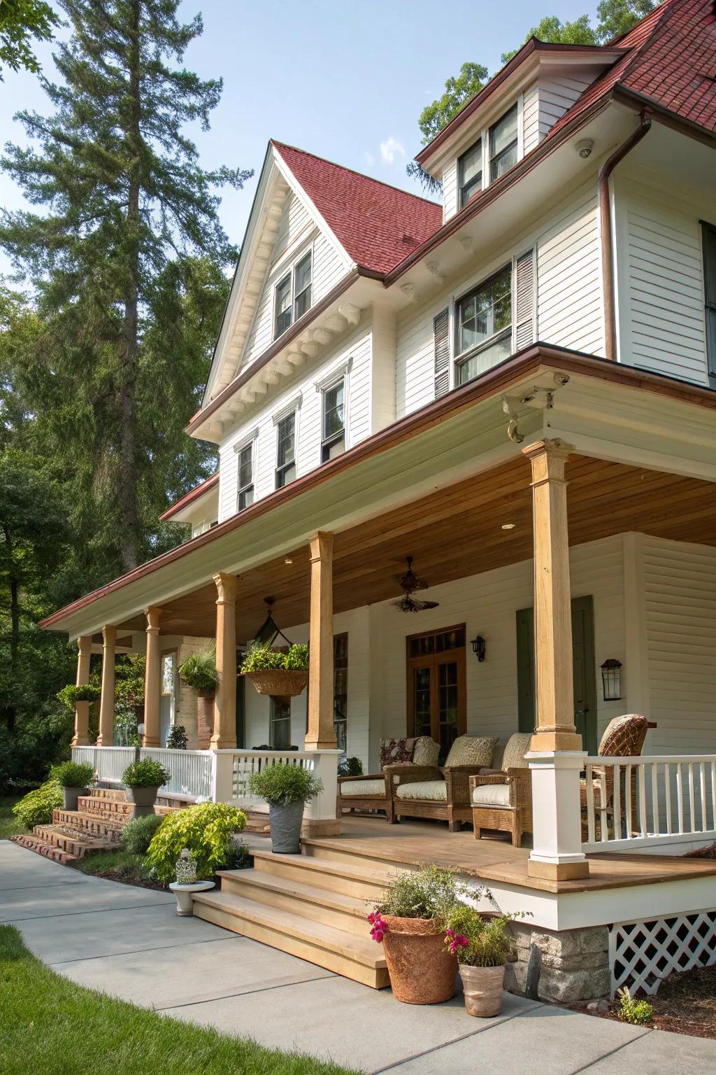 A classic home showcases a wide-open porch, blending comfort with elegant design.