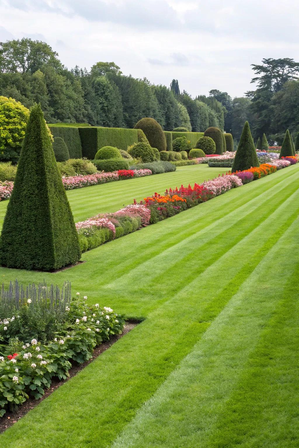 A flourishing green lawn, bordered by verdant bushes and vibrant blossoms.