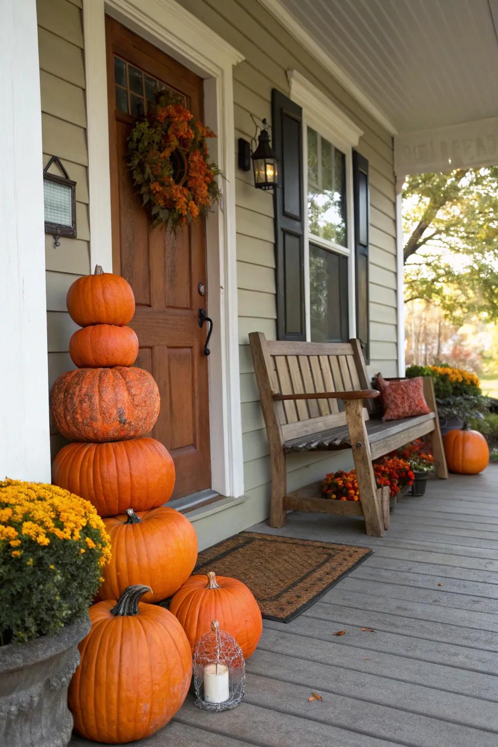 Gourd formations introduce an upright aspect to porch décor.