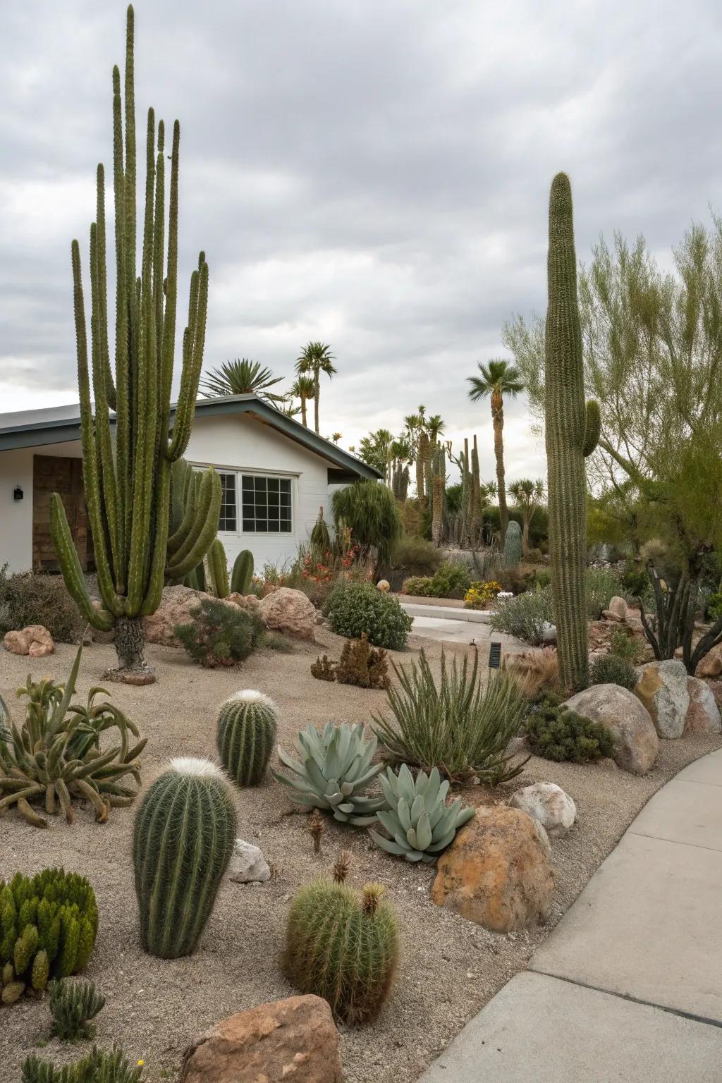 A visually varied desert garden featuring assorted plant types.