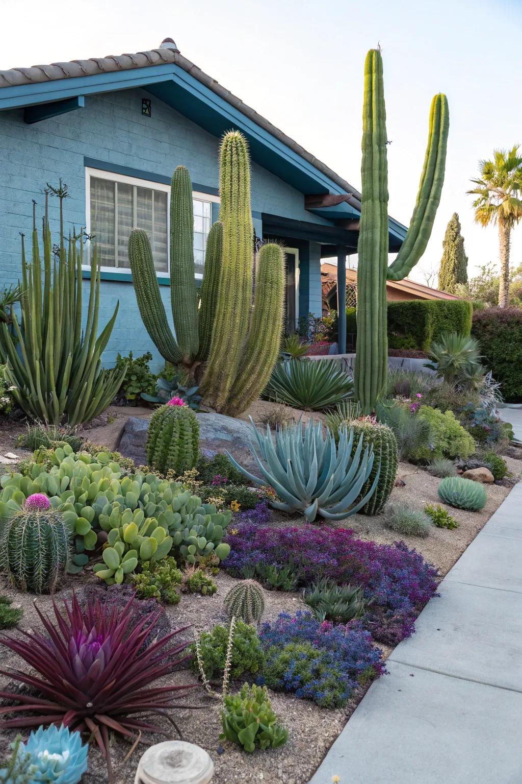 Cacti and succulents introduce striking visuals and flourish in dry climates.