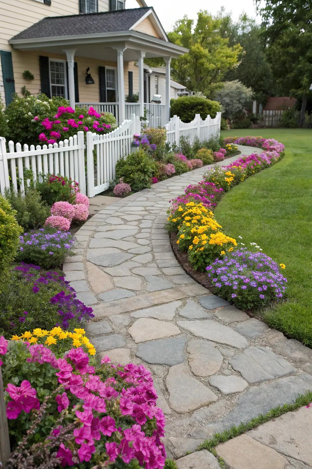 Stone pathways can beautifully segregate and define your flower beds.