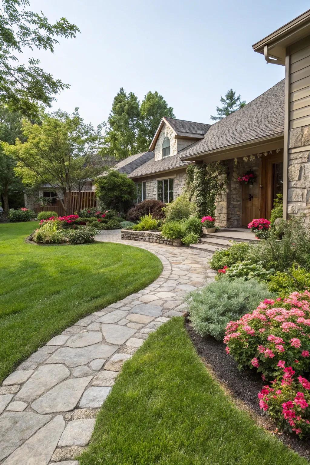 A vibrant green lawn is the foundation of a captivating front yard design.