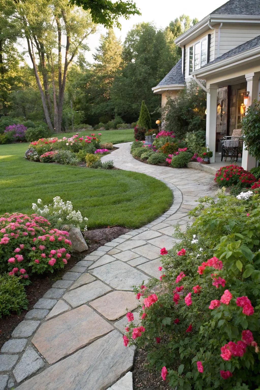 An elegant stone path meanders through a flourishing front yard garden.
