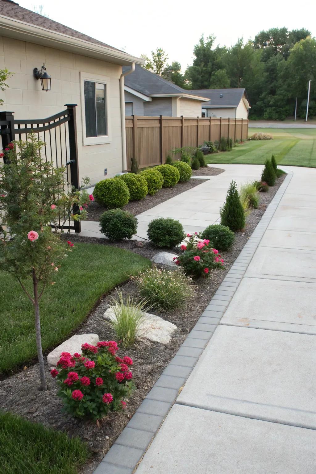 Unpretentious plant arrangements showcased in a ranch-style front garden