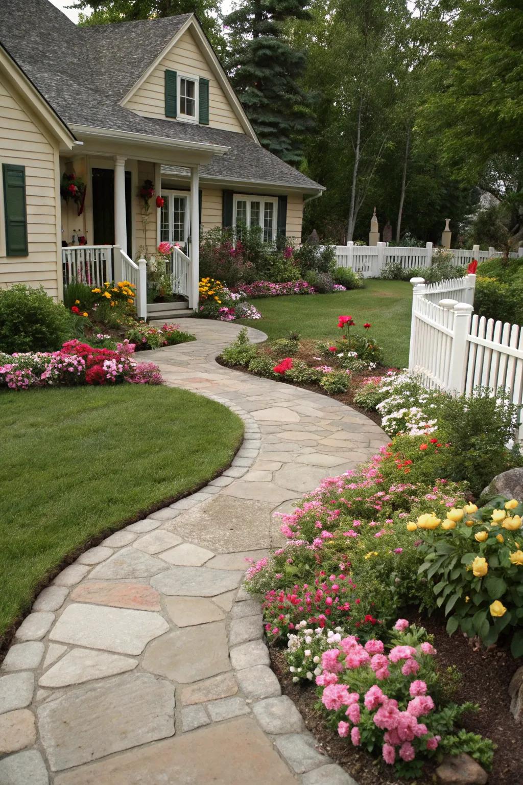 Winding pathways enhance the elegance of a front yard.