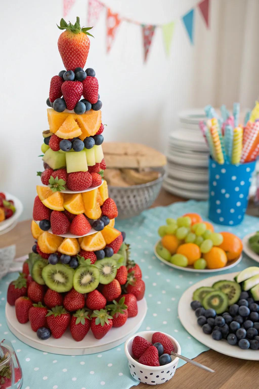 An impressive rainbow fruit tower, adding both stature and brightness.