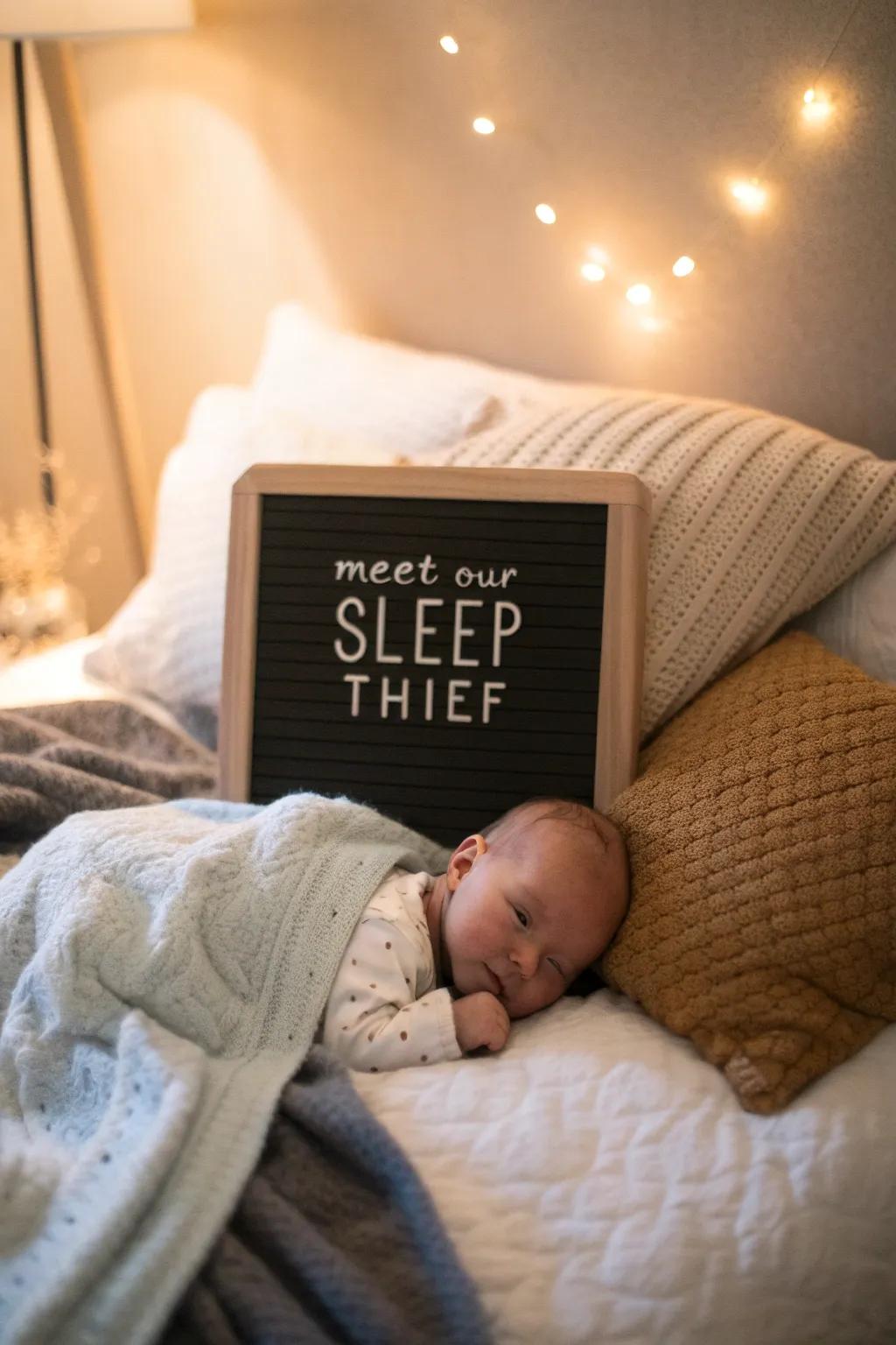Highlighting the humorous truth of sleepless nights with a playful letter board.