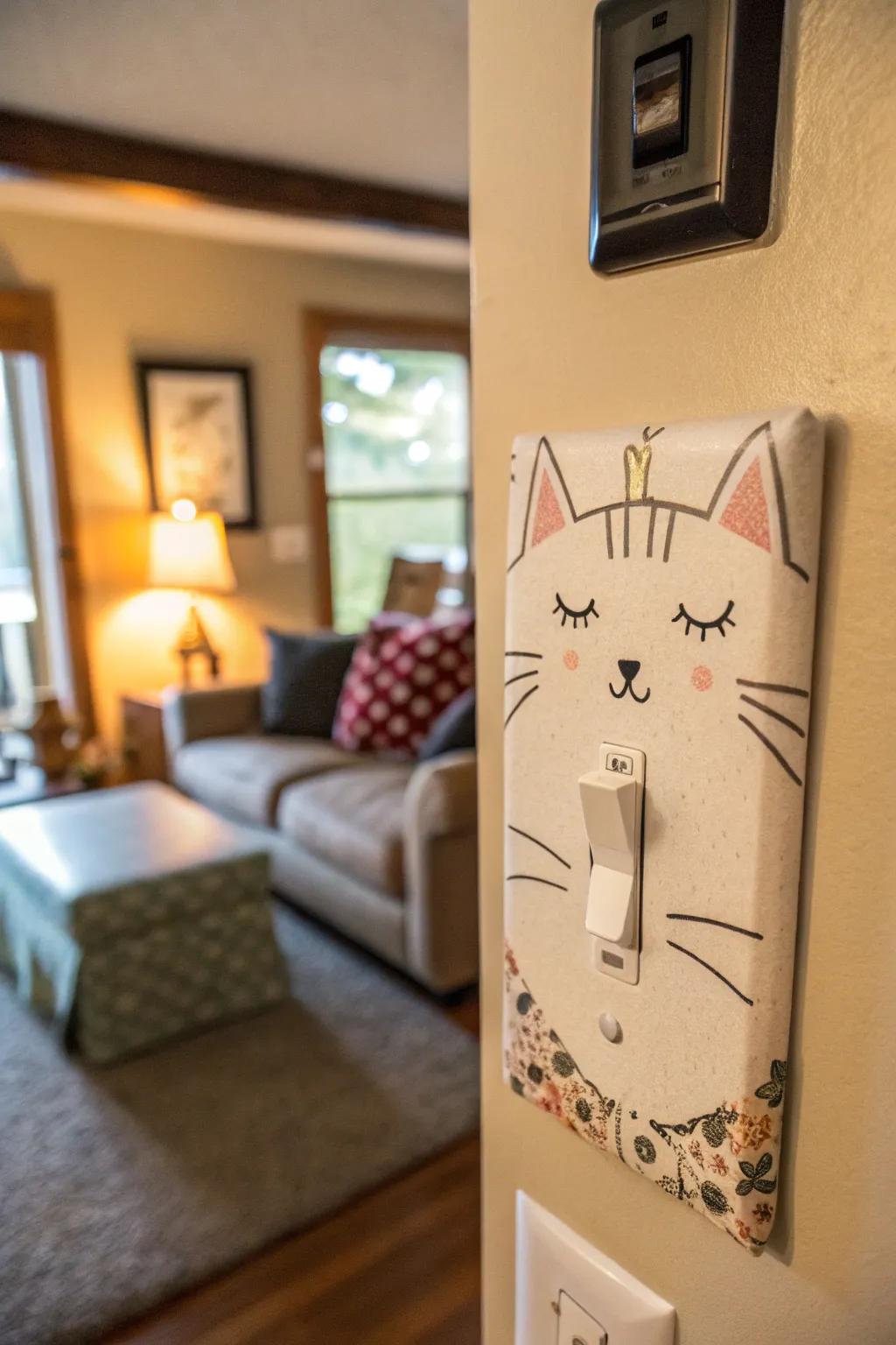 A feline-inspired light switch panel brings a playful element to any space.