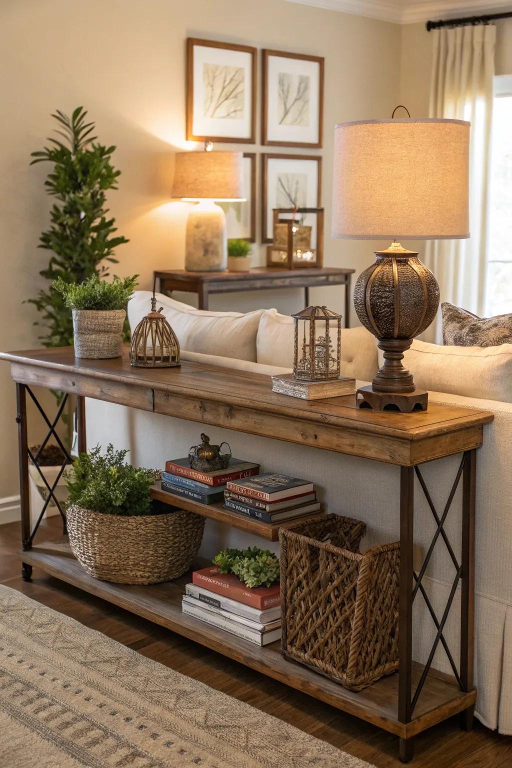A traditional table decorated with books and greenery for a cozy atmosphere.