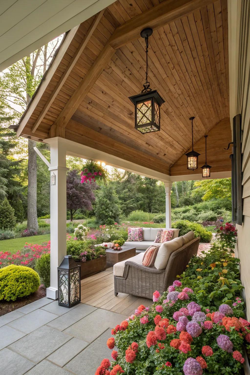 A lumber sloped-roof veranda radiating timeless grace and warmth.