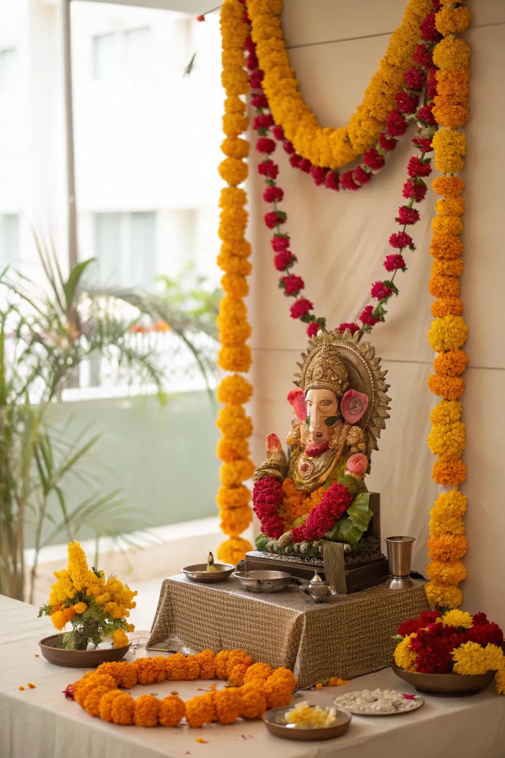 A floral paradise for Ganpati featuring golden blooms and roses.