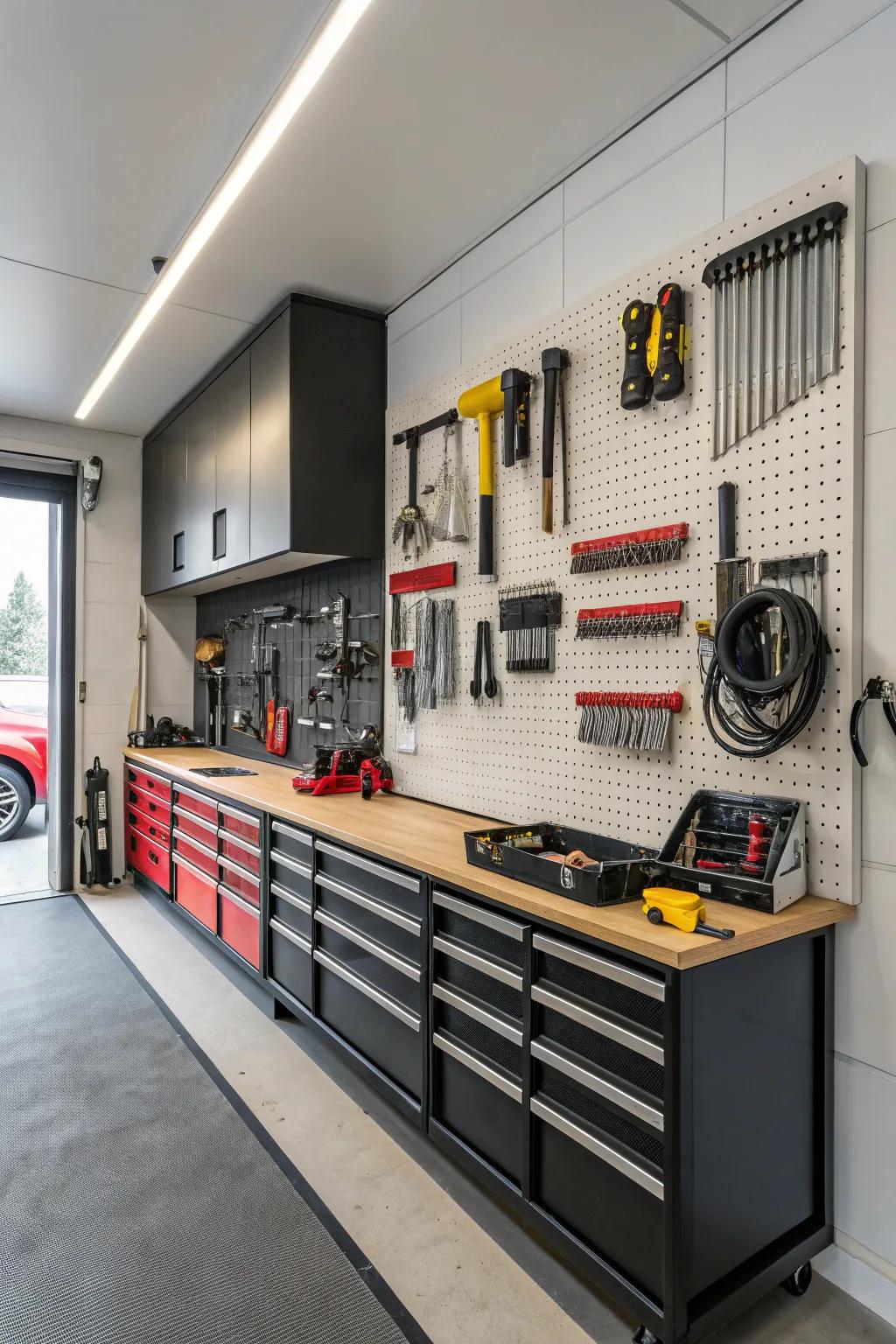 Wall-mounted shelves offer innovative storage solutions for a well-organized garage.
