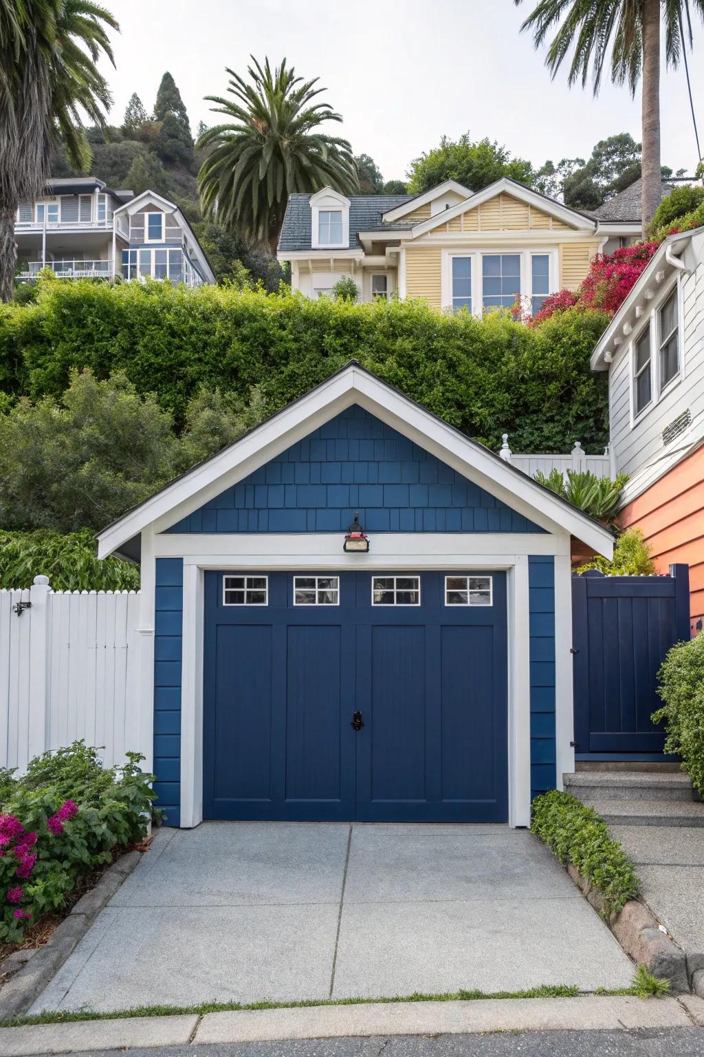 A garage door boasting trim in eye-catching contrasting colors.