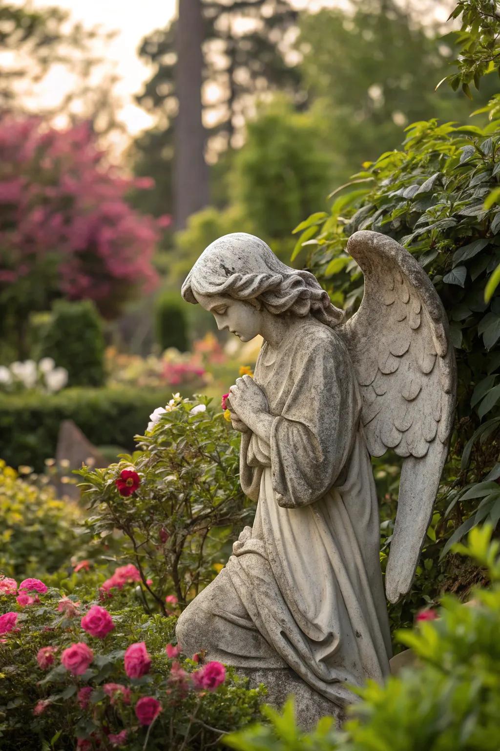 Enduring stone angel statue amidst a vibrant garden.