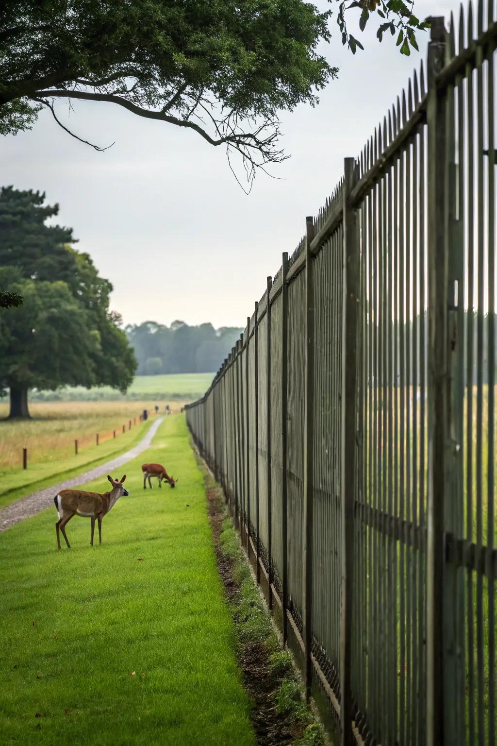An imposing tall barrier efficiently prevents deer from stepping into the garden.