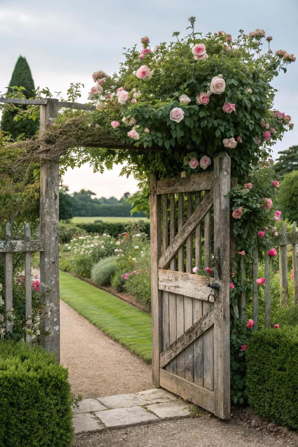 Countryside lumber gate with climbing perennials crafts a welcoming garden pathway.