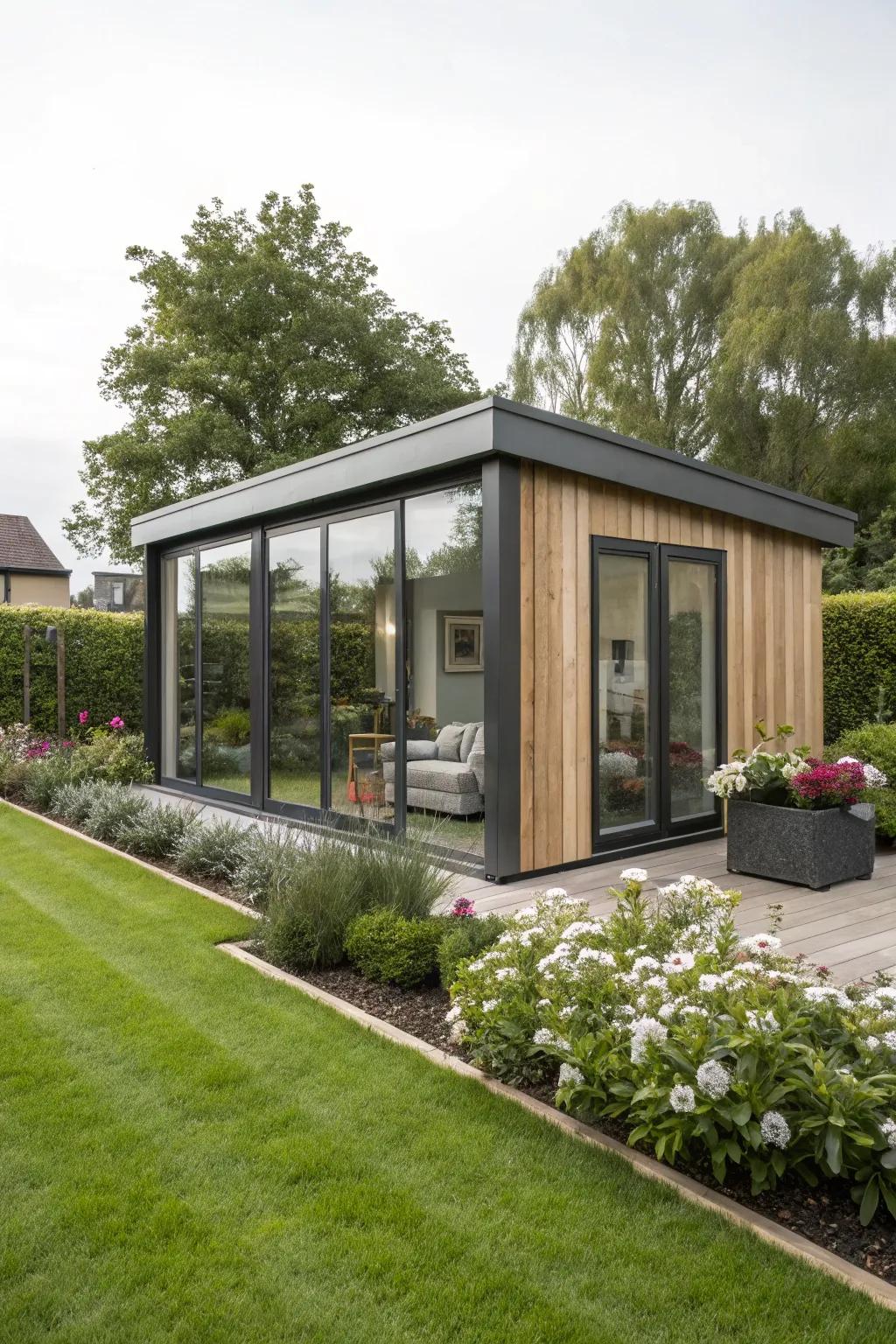 A stylish garden pod showcasing contemporary design, providing a sophisticated escape for work.