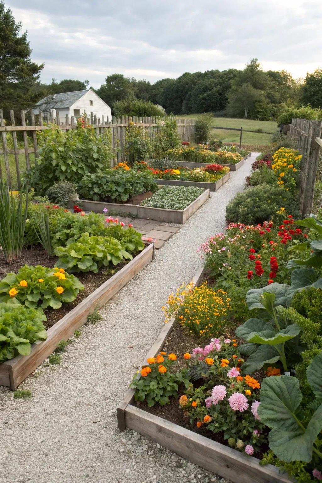 A combined garden featuring a mix of vibrant veggies and flowers.