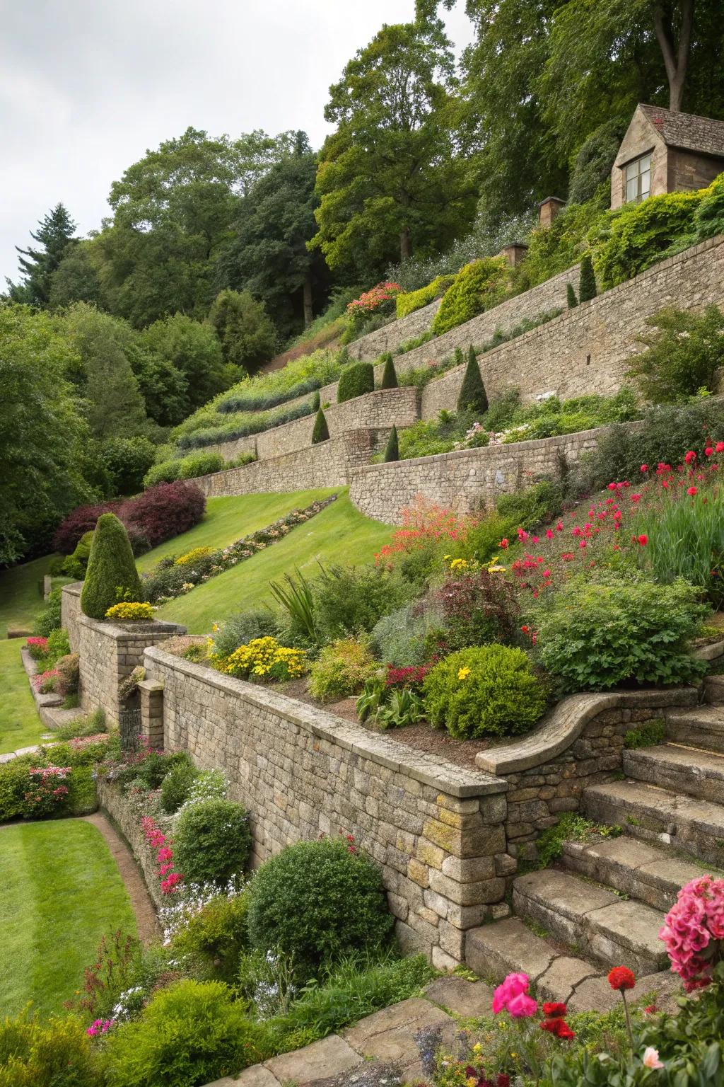 Tiered spaces cultivate a balanced and reachable garden on a pronounced incline.