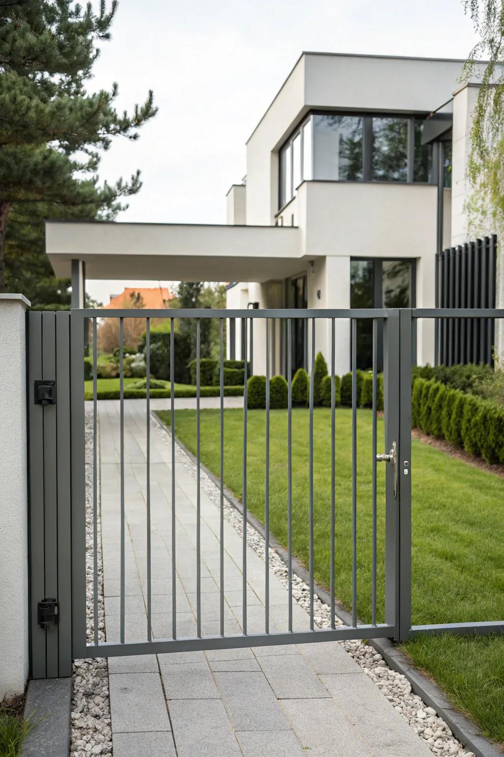 A streamlined metal gate provides a modern touch to a contemporary house.