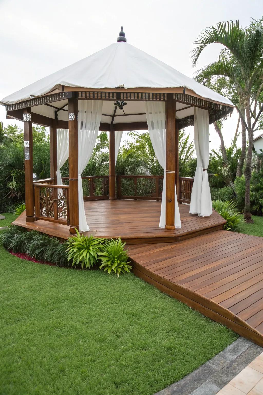 Timeless timber decking imparts warmth and sophistication to any gazebo environment.