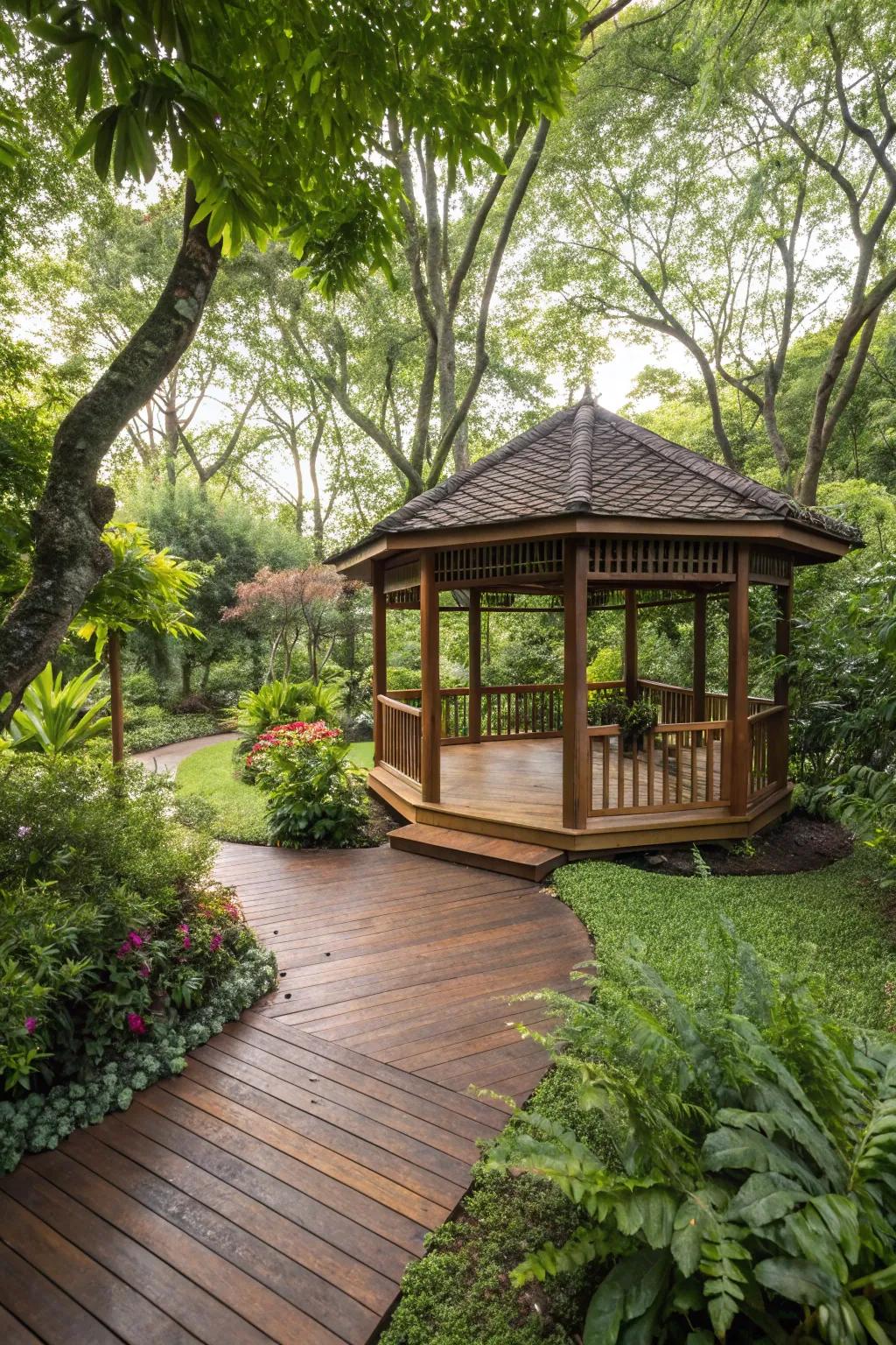 Embrace the timeless allure of timber boards for a welcoming gazebo.