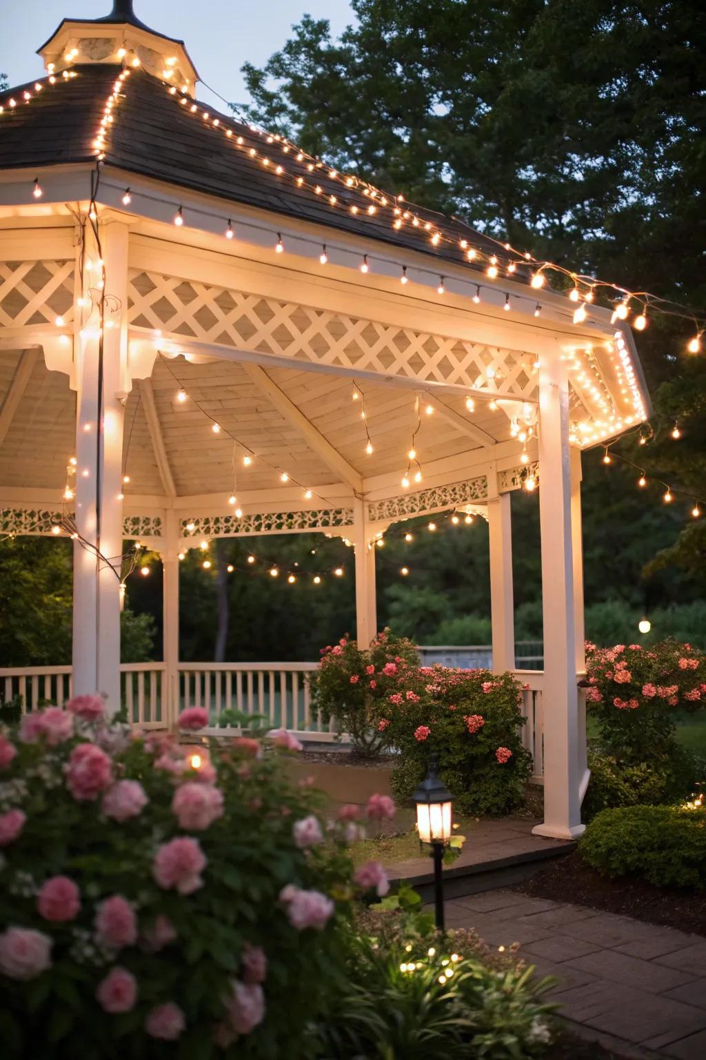 Fairy lights are delicately arranged over the gazebo, rendering a welcoming, snug atmosphere.