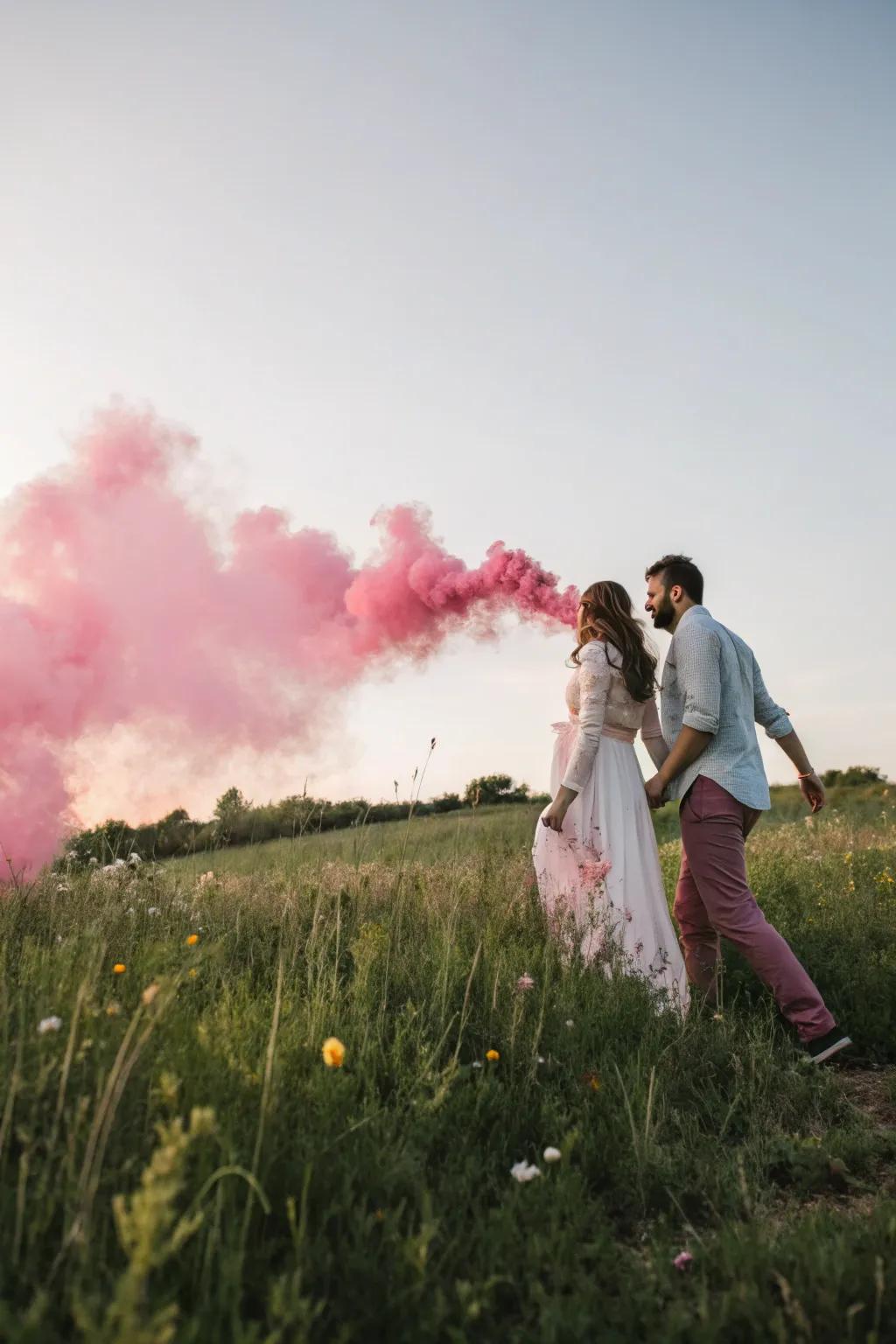 A stunning smoke bomb reveal unfolds against a scenic outdoor backdrop.