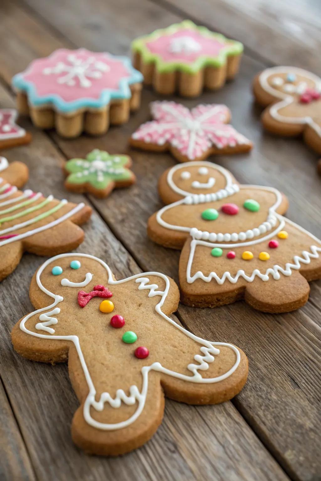 Classic gingerbread men and women adorned with personalized icing designs.
