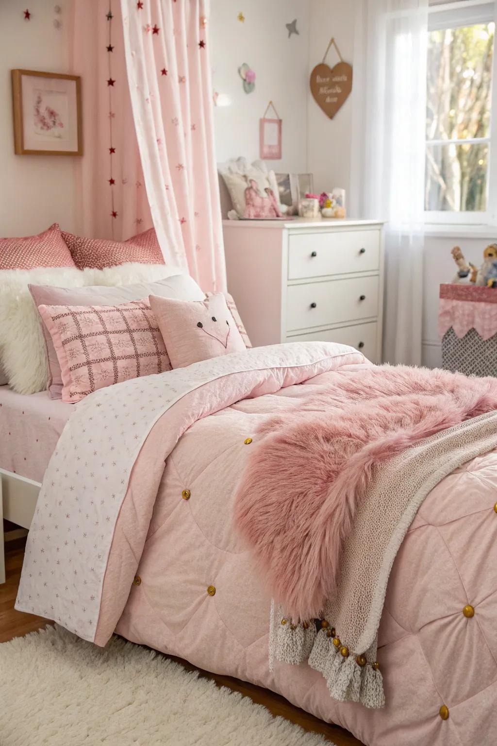 Layering rosy bedding enriches the bedroom with warmth and dimension.